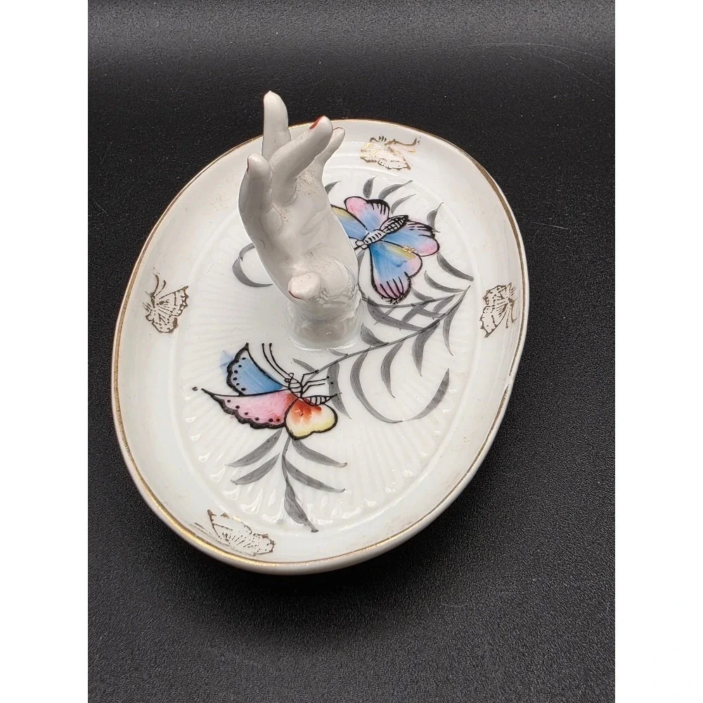 Vintage Porcelain Hand Ring Trinket Dish Butterfly Design Vanity Tray‎